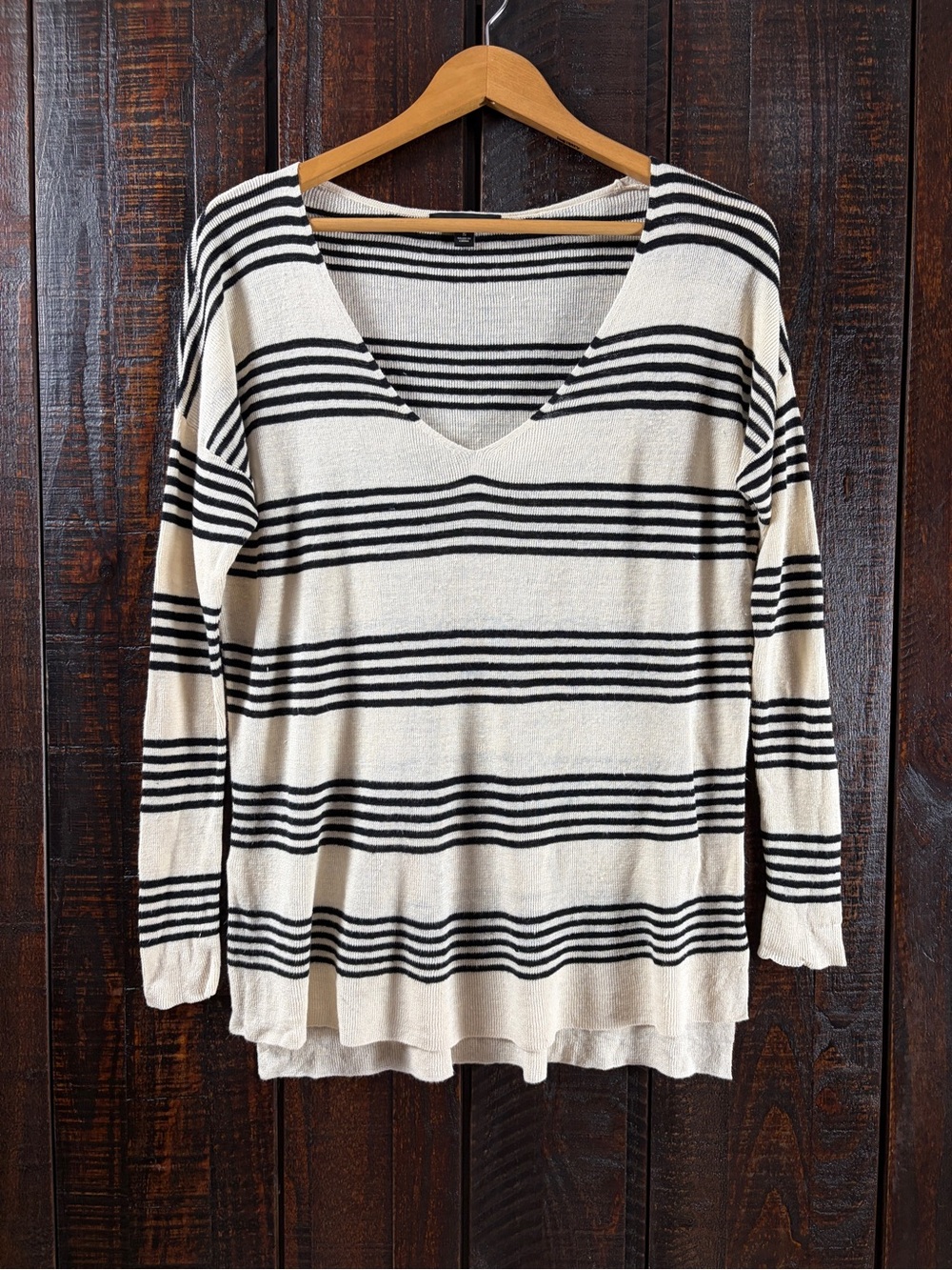 Ann Taylor Linen Striped Lightweight Sweater - Black & Cream Small